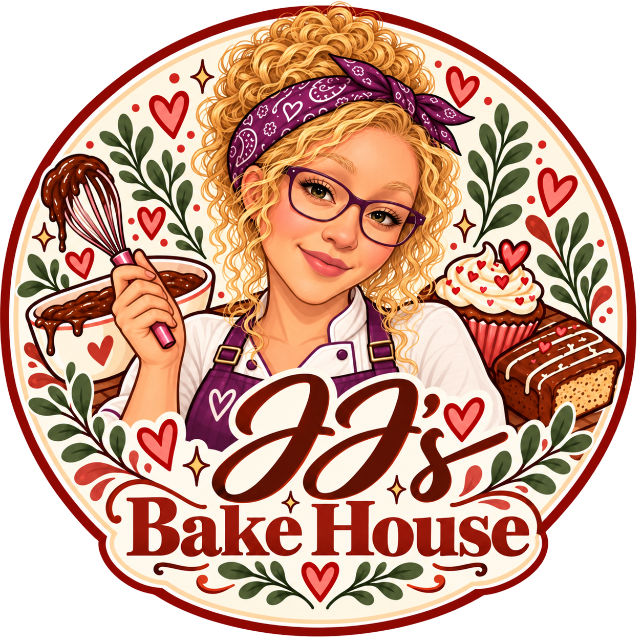 JJ's Bake House illustrated logo with a baker holding a whisk